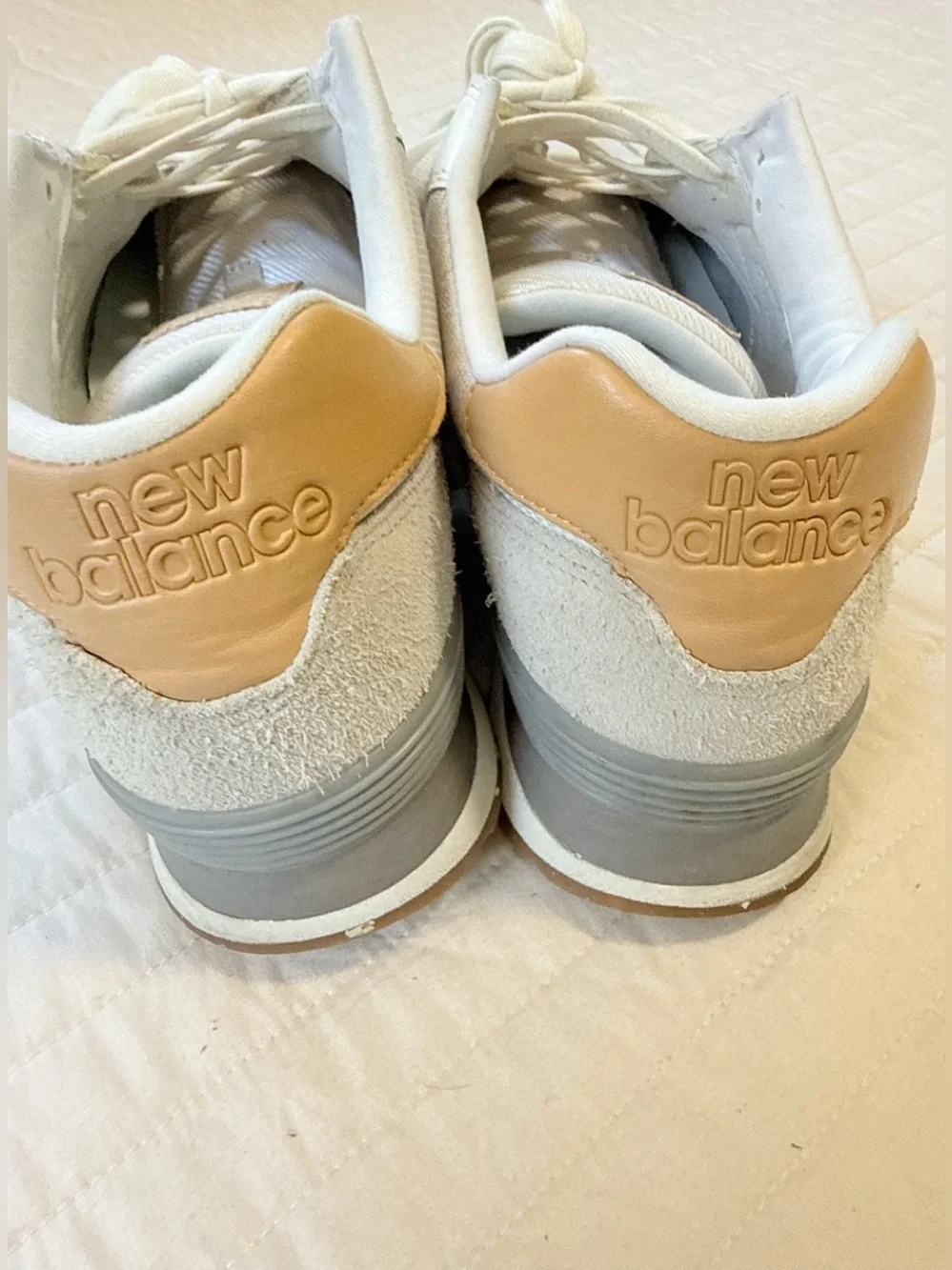 New Balance 574 Sneakers in White and Tan Accents